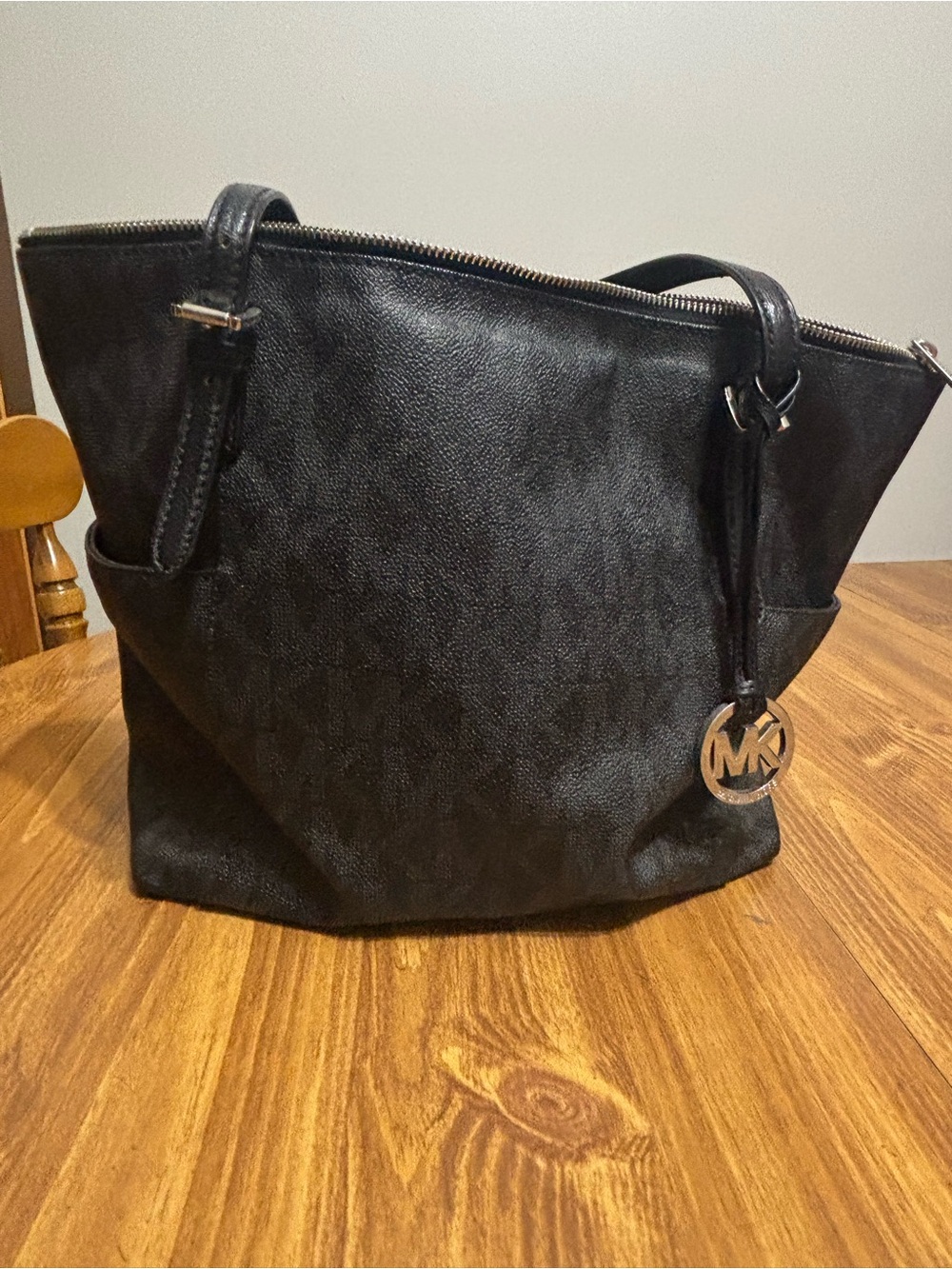 Michael Kors Black Leather Logo Tote with Silver MK Charm